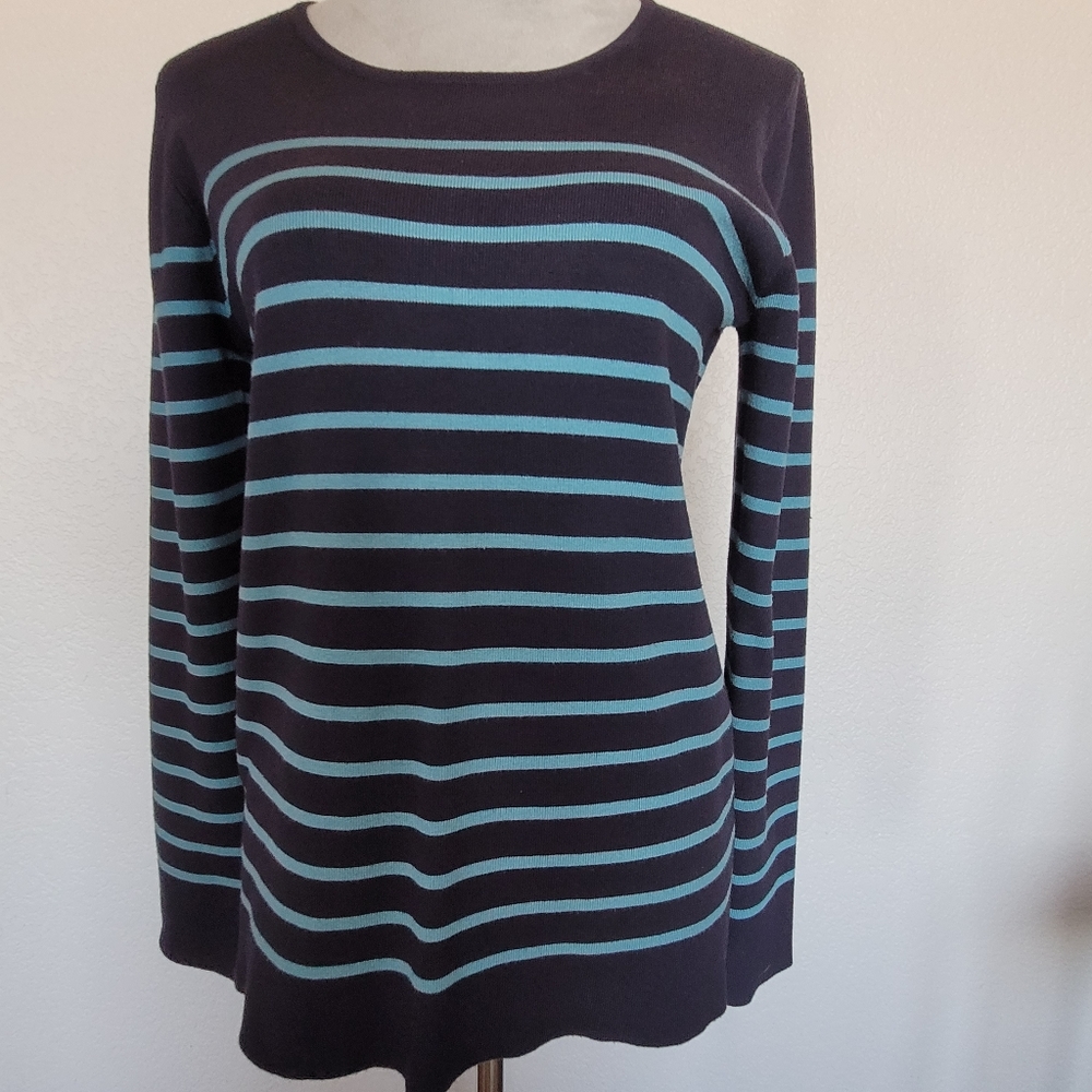 STRIPED LONG SLEEVE ROUND NECK SWEATER NAVY TEAL MEDIUM